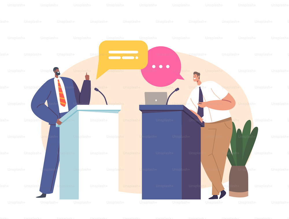 Concept Of Political Debate, Election With Two Candidates Behind Their Desks Fighting For Leadership. Caucasian and African Characters Conquering Power on Tribunes. Cartoon People Vector Illustration