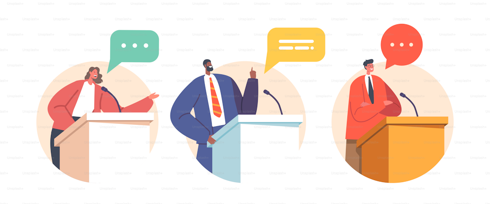 Political Candidates Speaking Behind the Desks during Debate Isolated Round Icons or Avatars. Orators Fighting For Leadership, Male and Female Characters Speakers. Cartoon People Vector Illustration