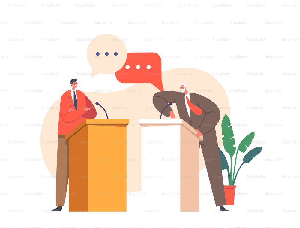 Political Presidential Debate Concept. Dialogue Between Men Behind The Podium. Political Election, Voting Speech. Controversy of Male Characters in Formal In Suits. Cartoon People Vector Illustration