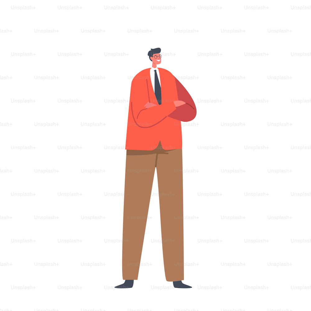 Single Male Character Wear Red Blazer and Trousers Stand with Crossed Arms Isolated on White Background. Positive Fashioned Business Man, Attractive Person. Cartoon People Vector Illustration