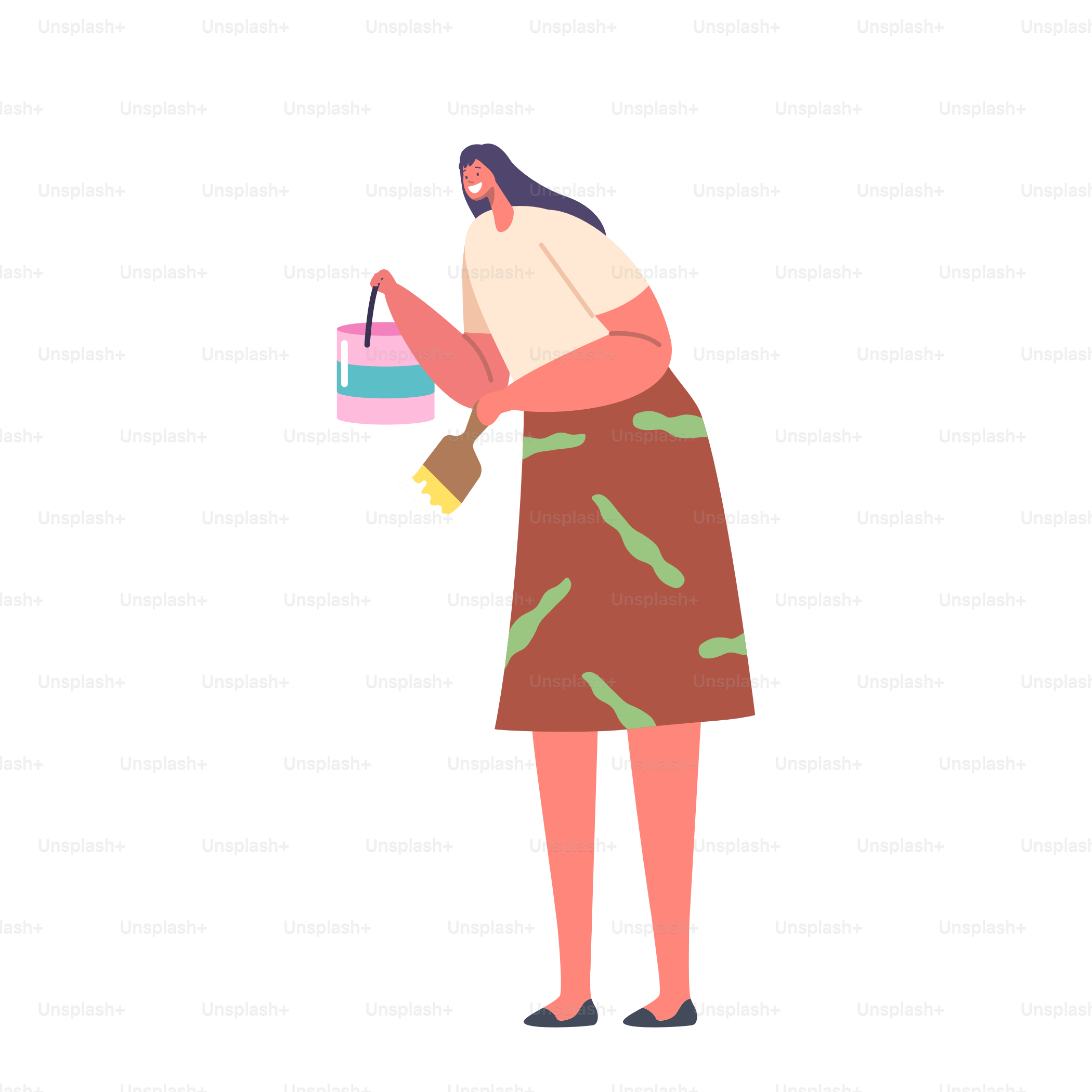Personnage féminin avec rouleau et seau peignant le mur ou décorant la maison isolée sur fond blanc. femme faisant des travaux de rénovation, d’amélioration. Illustration vectorielle de personnes de dessins animés