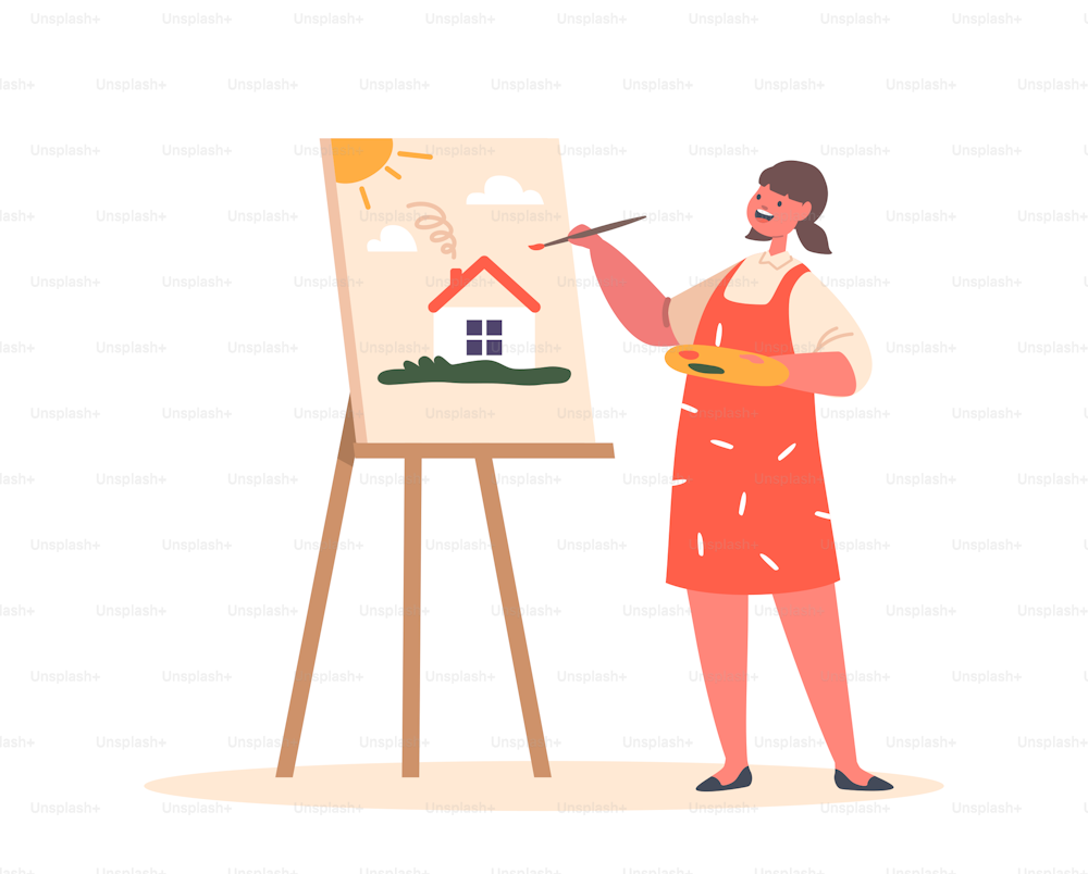 Talented Child Painting On Easel in Artist Studio. Little Girl Character Drawing In Art School Workshop Create Pictures With Dye Palette And Paintbrush On Canvas. Cartoon People Vector Illustration