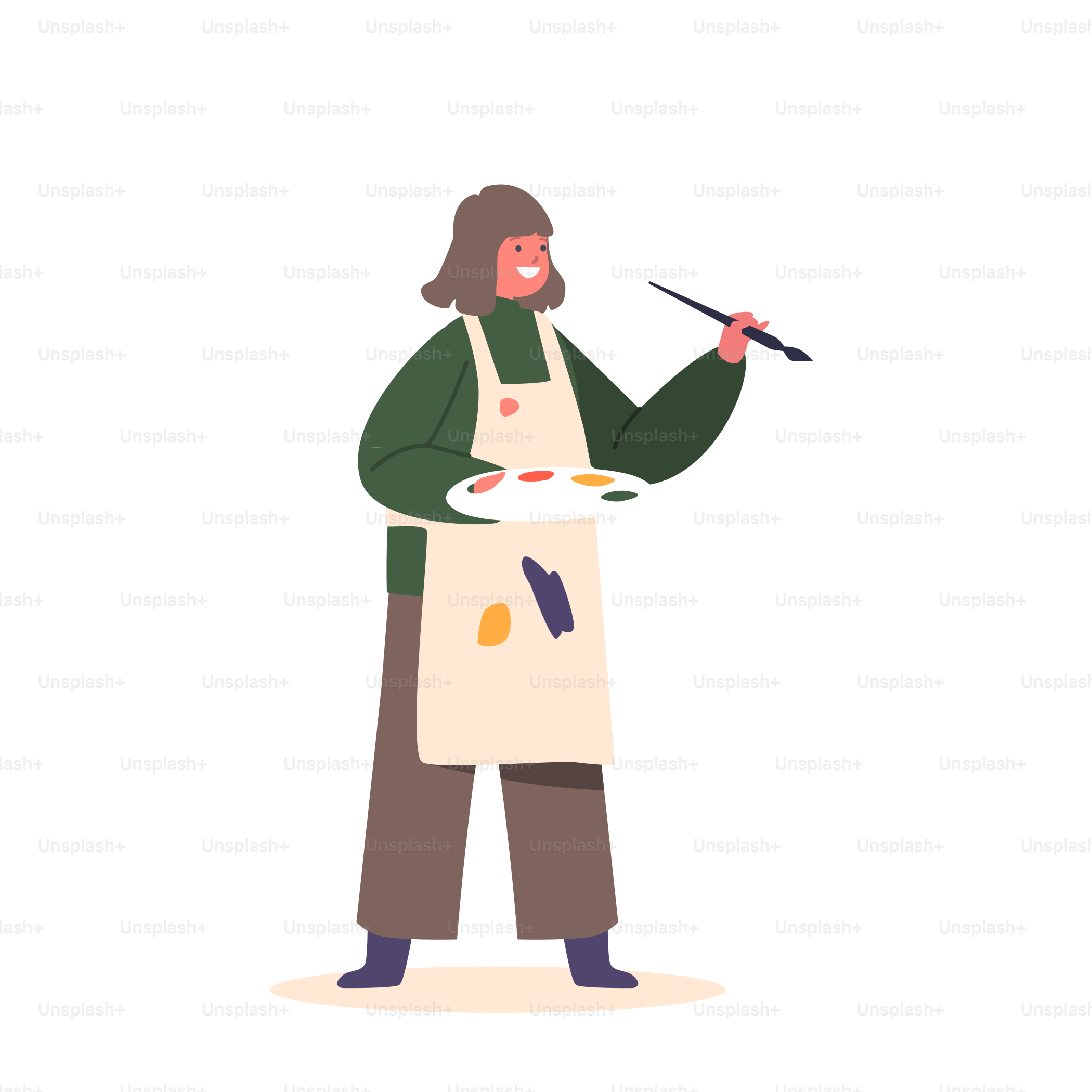 Little Girl in Apron Painting with Paints And Paintbrush. Child Character Drawing In Artist Studio Or Art School Workshop Isolated on White Background. Cartoon People Vector Illustration
