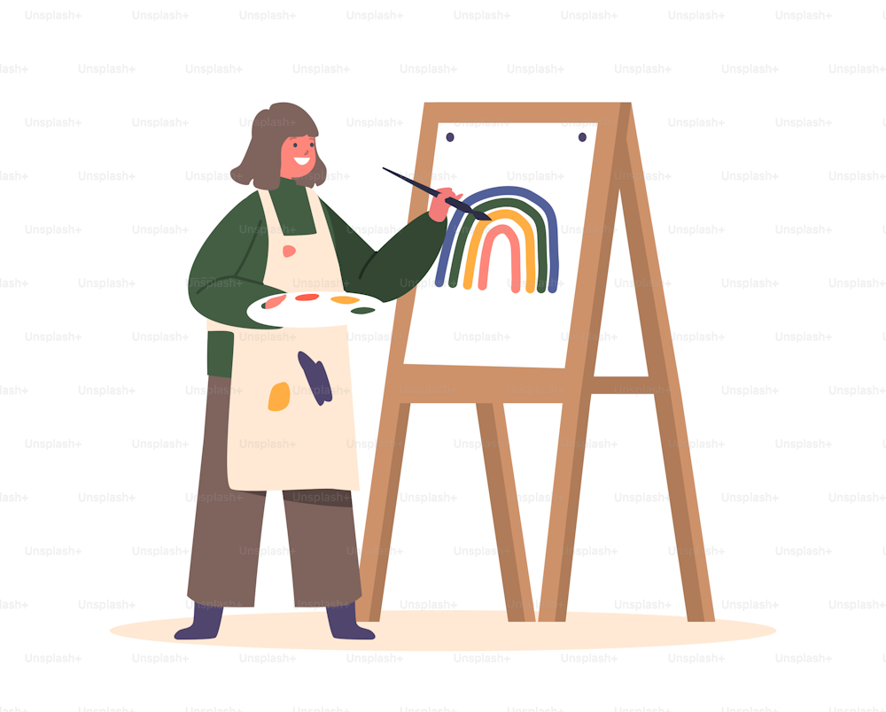 Kleines Mädchen malt Regenbogen mit Farben auf Staffelei. Zeichnen von Kinderfiguren im Künstleratelier oder in der Kunstschulwerkstatt Erstellen Sie Bilder mit Farbe und Pinsel auf Leinwand. Cartoon Menschen Vektor Illustration