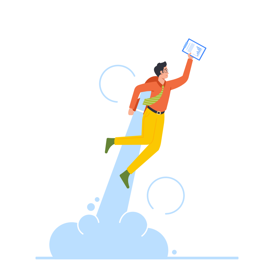 Concepto de Startup, Impulso Profesional y Crecimiento. Hombre de negocios alegre despega con mochila propulsora. Personaje de empleado de oficina volando en cohete hacia arriba, arrancar despegue. Ilustración vectorial de dibujos animados