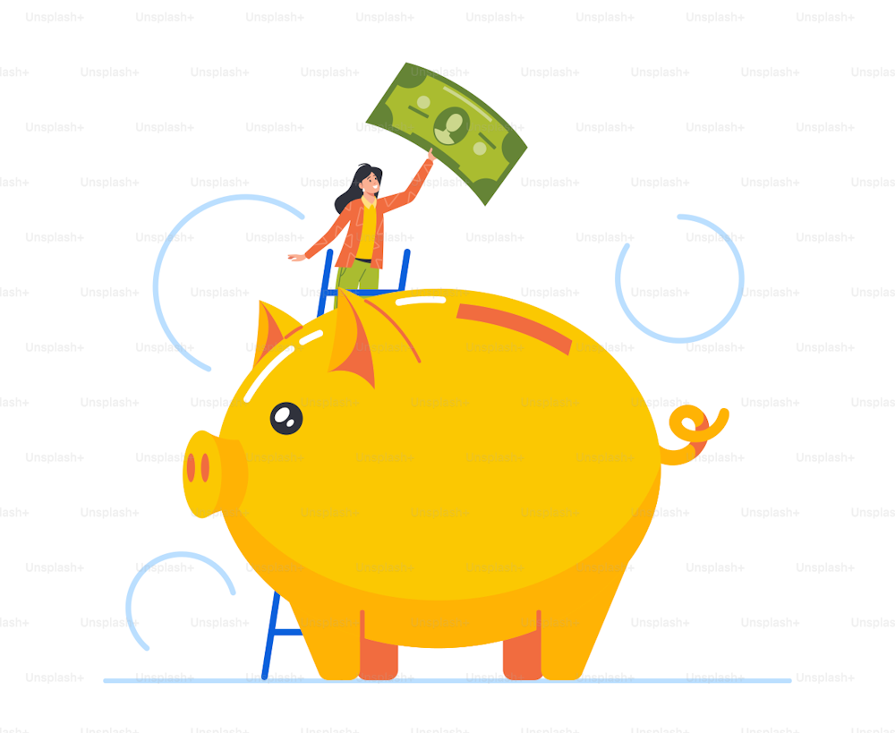Tiny Female Character Put Money into Huge Piggy Bank. Concept of Deposit, Finance Savings, Banking, Investment or Budget Planning. Woman on Ladder Holding Bill. Cartoon People Vector Illustration