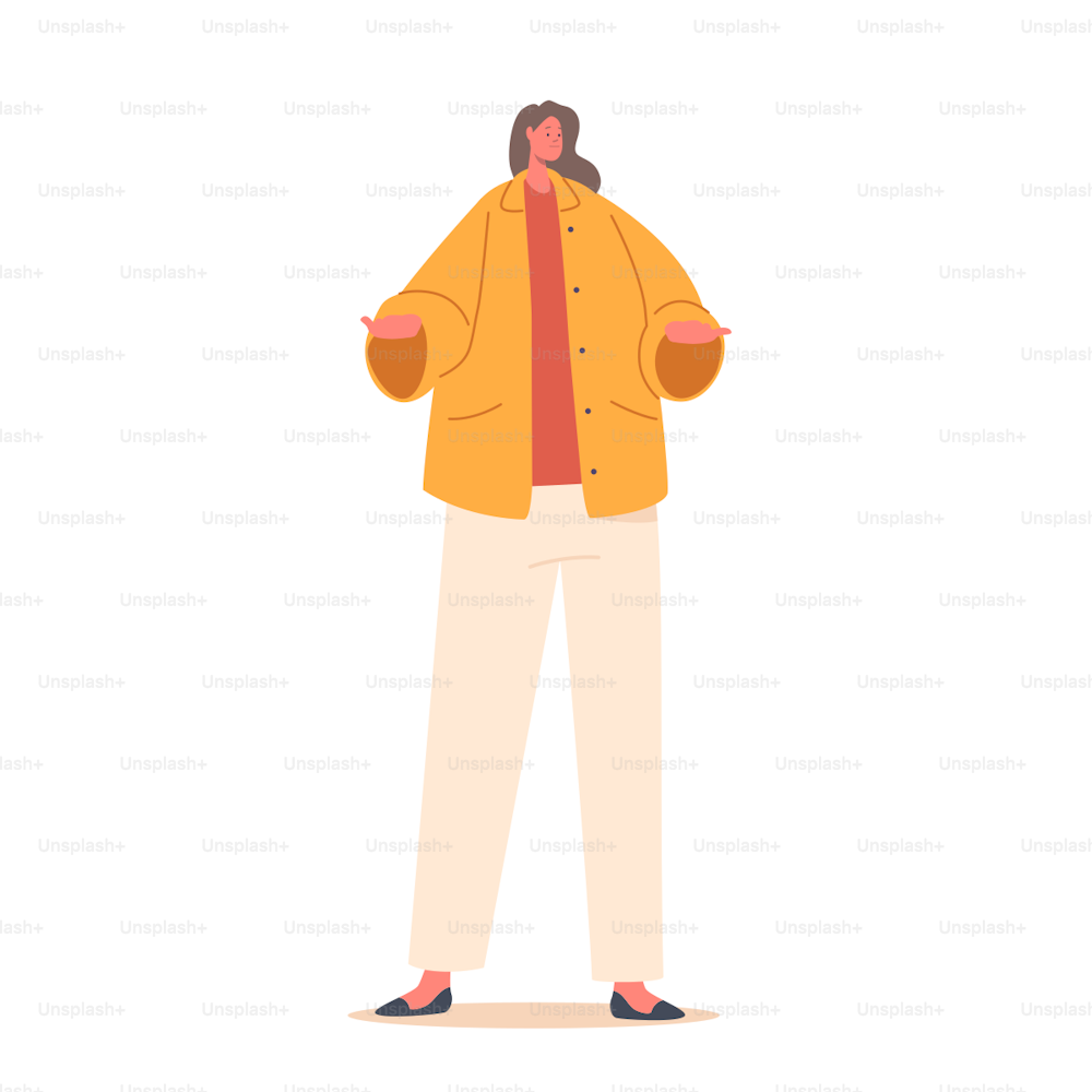Élégant personnage de fille caucasienne porter un pantalon et un stand de veste jaune avec un geste des bras tendus. Femme à la mode, femme d’affaires isolée sur fond blanc. Illustration vectorielle de personnes de dessins animés