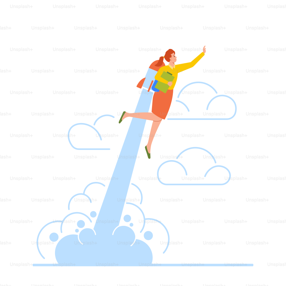 Happy Business Woman Manager Character Take Off with Rocket Reach New Level of Development. Working Success, Start Up, Goal Achievement, Career Boost Concept. Cartoon Vector Illustration