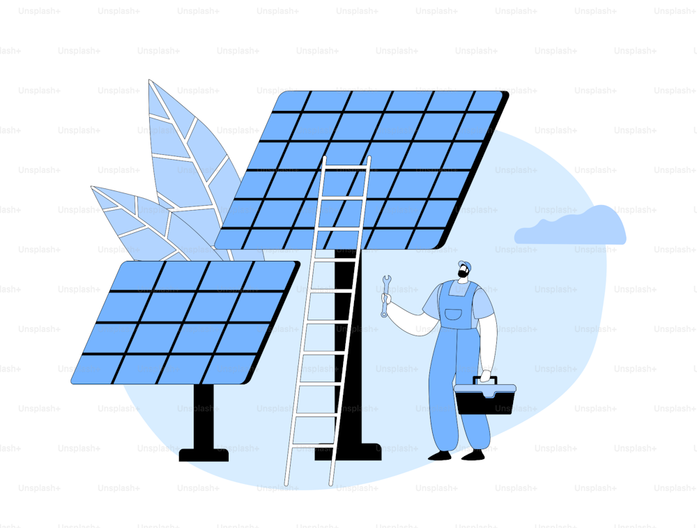 Électricien installant des panneaux solaires, des sources d’énergie renouvelables, l’innovation technique, le concept d’énergie propre alternative avec des instruments de maintien de caractère d’ingénieur. Illustration vectorielle de personnes de dessins animés