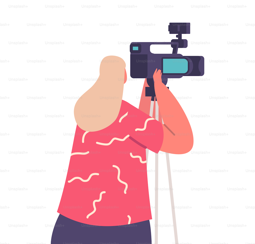 Journalist Or Reporter Female Character With Professional Video Camera Rear View. Woman Interviewing, Recording Live News, Visit Press Conference Or Briefing. Cartoon People Vector Illustration