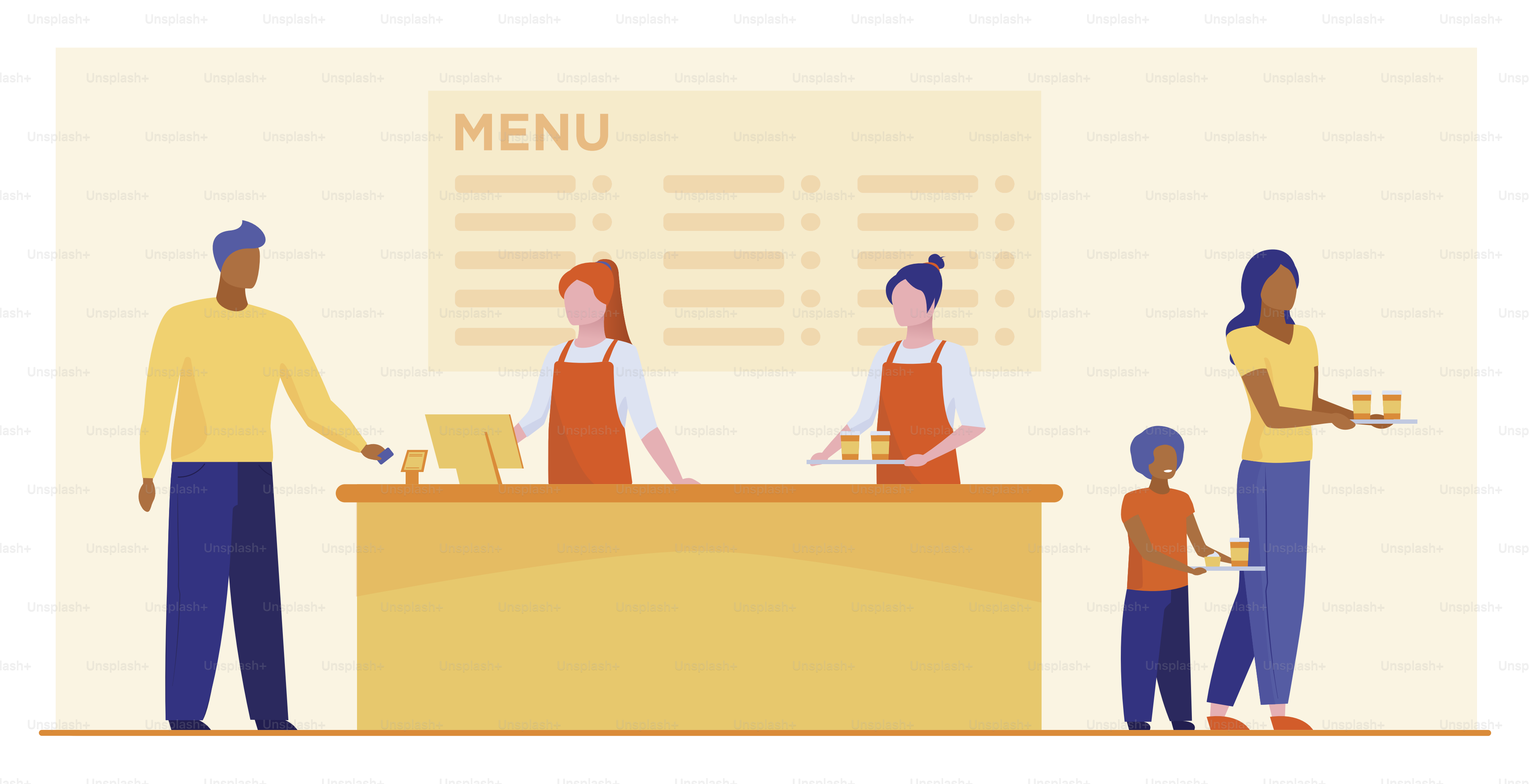 ファストフード店のカウンター。レジ、レジ係、メニュー、トレイを持つ客、フラットベクターイラスト。カフェ、ダイナー、バナー、ウェブサイトデザイン、ランディングウェブページの食事コンセプト