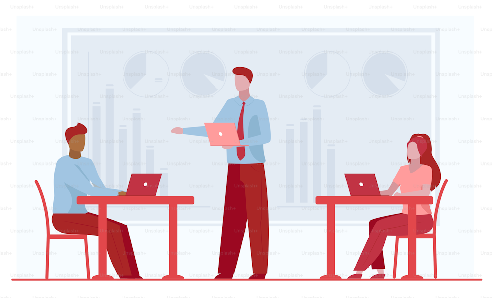 Business leader instructing workgroup. Team using laptops on office flat vector illustration. Corporate discussion, communication concept for banner, website design or landing web page
