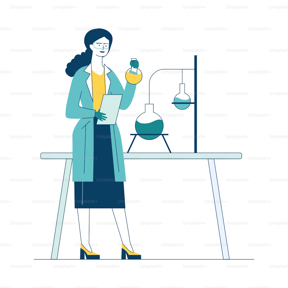 Scientist studying chemical reaction. Woman holding flask, lab worker, chemist flat vector illustration. Chemistry, science, experiment concept for banner, website design or landing web page