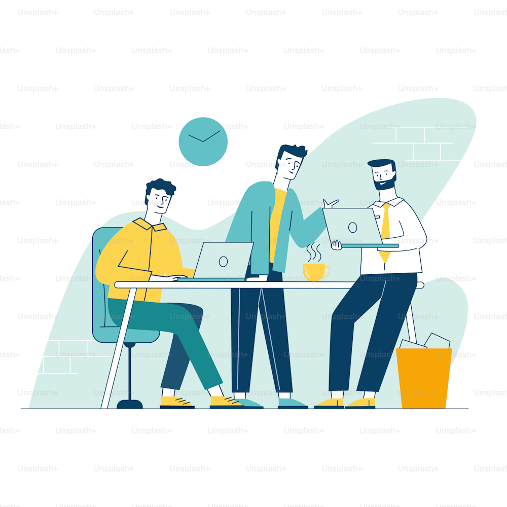 Three man having business meeting in office. Employees discussing work project flat vector illustration. Teamwork, discussion, conference concept for banner, website design or landing web page