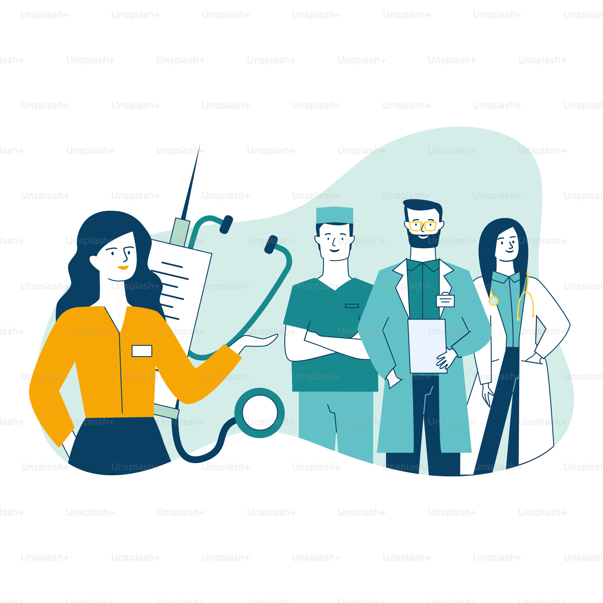 Eine weibliche medizinische Administratorin und ihr Team stehen selbstbewusst. Medizinisches Personal steht flache Vektorillustration. Konzept für Gesundheitsversorgung, medizinische Dienstleistungen für Banner, Webdesign oder Landingpage