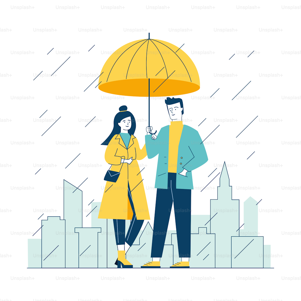 Pareja parada bajo paraguas en la calle en día lluvioso. Hombre y mujer con elegante ilustración vectorial plana de abrigo rojo. Gente frente al paisaje urbano con rascacielos y otros edificios bajo la lluvia