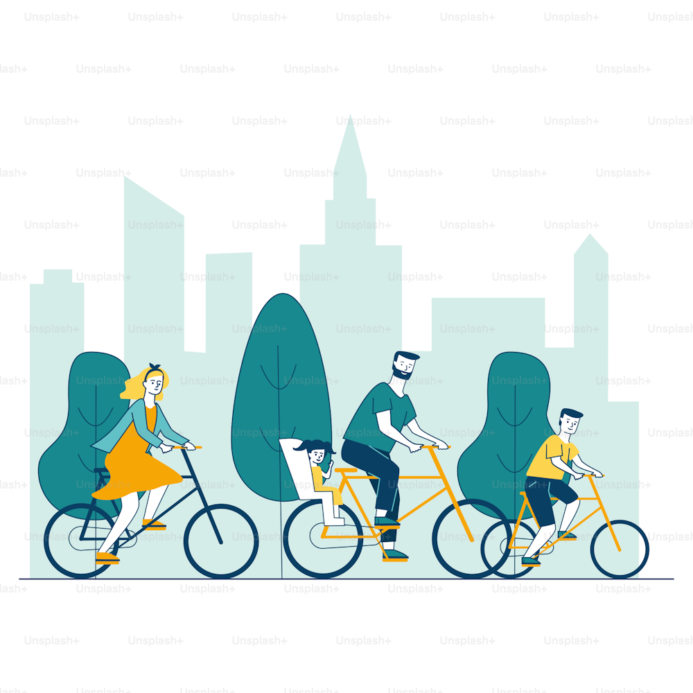 Parents and kids riding bicycles in park vector illustration. Family cycling in city outdoors. Healthy recreational activities, summer sport and leisure activities