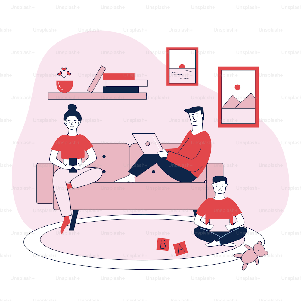 Family with digital devices flat vector illustration. Mom, dad, and kid with laptop, phone, and tablet. People wasting time in internet. Social media and gadget addiction problem concept.