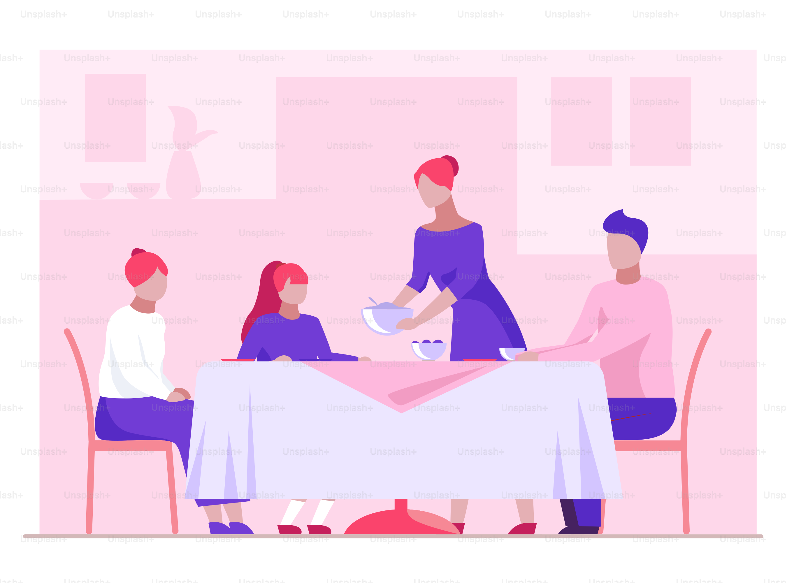 Family having dinner. Dining room, table, teenagers flat vector illustration. Celebration, home, event concept for banner, website design or landing web page