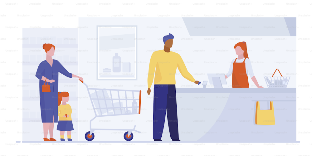 Queue at checkout in supermarket. Customers, cashier, check register flat vector illustration. Shopping, grocery store, payment concept for banner, website design or landing web page