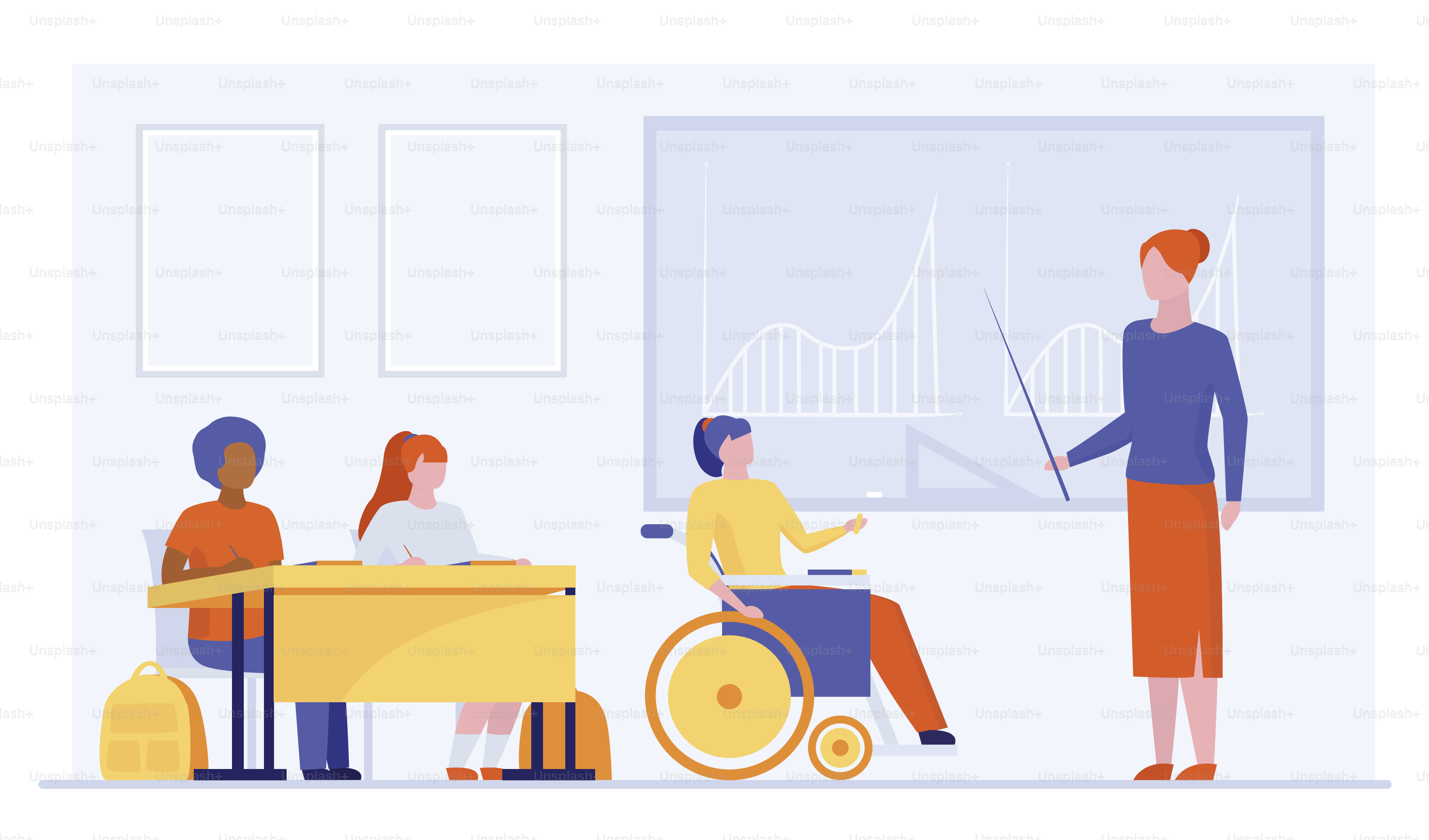 Disable student in class. Girl in wheelchair discussing graphs with teacher flat vector illustration. Education, diversity, school concept for banner, website design or landing web page