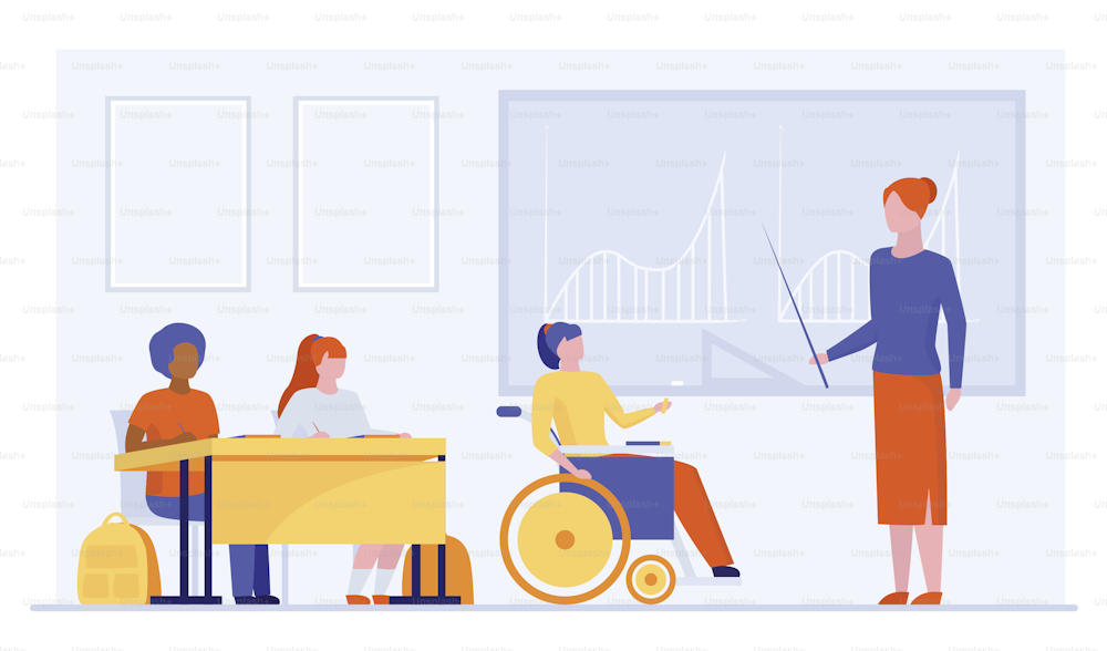 Disable student in class. Girl in wheelchair discussing graphs with teacher flat vector illustration. Education, diversity, school concept for banner, website design or landing web page