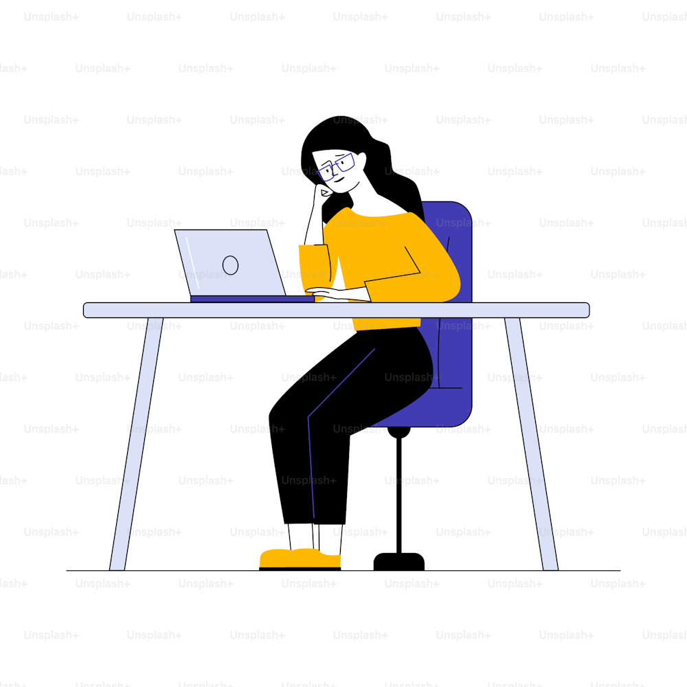 ノートパソコンで働く女性。コンピューターを使用するサラリーマン、机に座っている従業員のフラットベクターイラスト。コミュニケーション、バナー、ウェブサイトのデザイン、またはランディングウェブページの職場のコンセプト