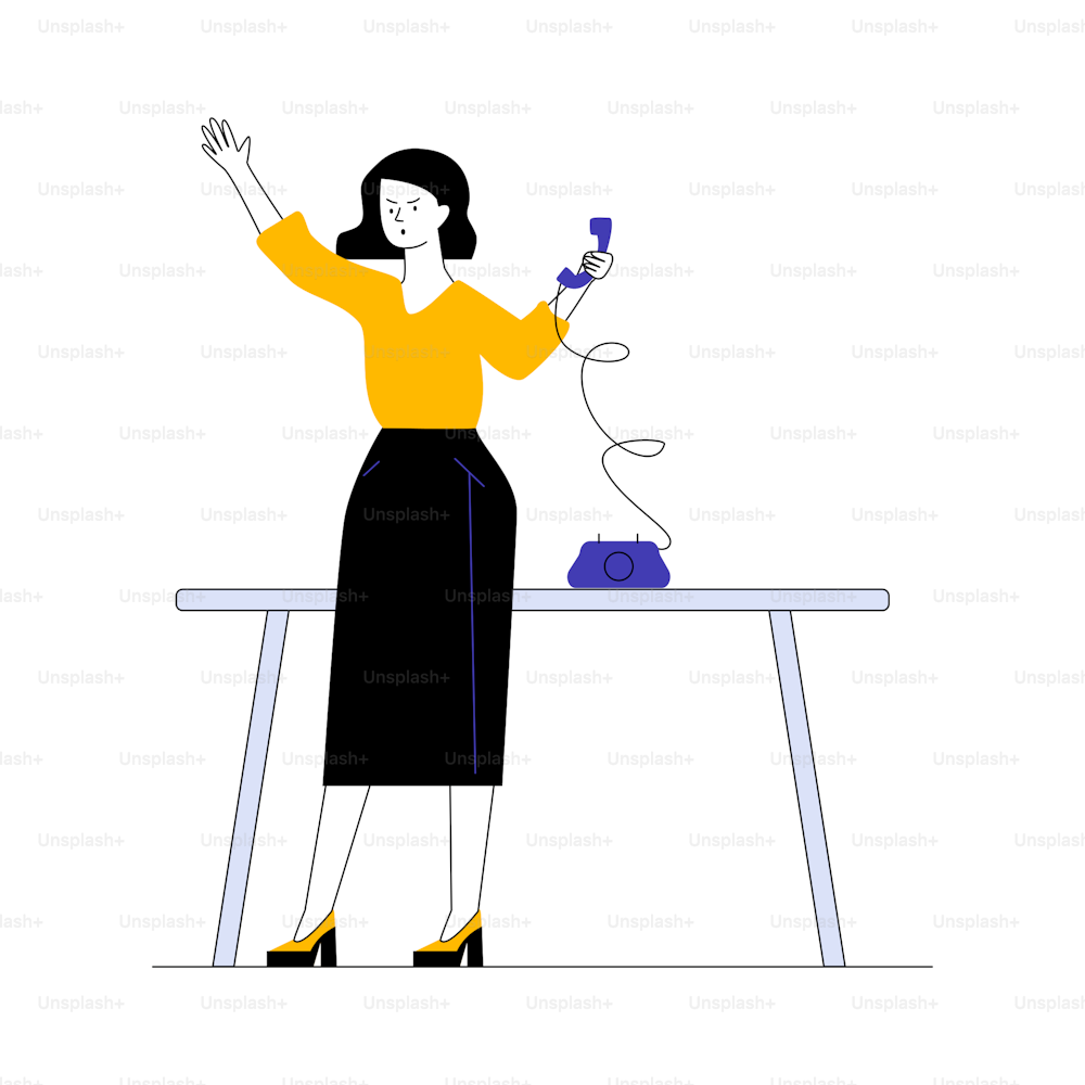 Office assistant using retro telephone. Woman calling someone to phone sitting at desk flat vector illustration. Communication, office concept for banner, website design or landing web page