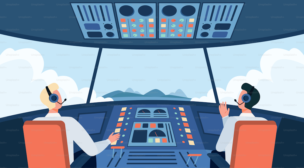 Illustrazione vettoriale piatta isolata della cabina di pilotaggio dell'aeroplano. Due piloti di cartoni animati seduti all'interno della cabina dell'aereo davanti al pannello di controllo. Equipaggio di volo e concetto di aeromobile