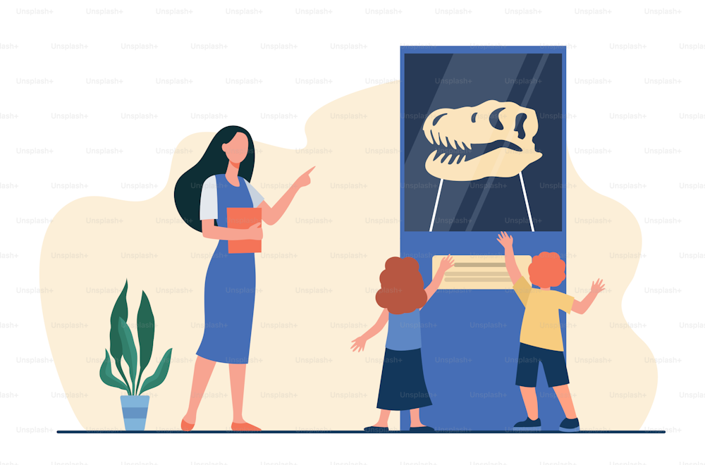 Cartoon teacher conducting excursion for children in museum. Flat vector illustration. Kids with natural science museum guide learning history. Museum, history, education concept for banner design
