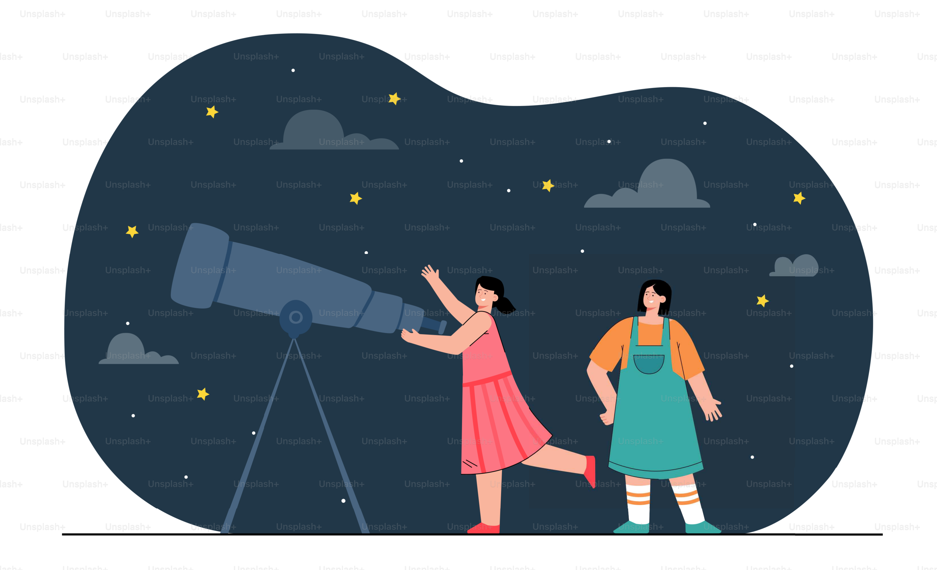 Gadis-gadis bahagia melihat bintang melalui teleskop. Wanita yang mempelajari ilustrasi vektor datar astronomi. Pendidikan, bilah optik, konsep observasi untuk spanduk, desain situs web atau halaman web arahan