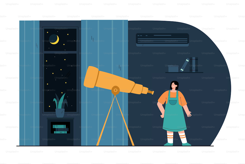 Cartoon girl looking through telescope in room at night. Cute kid watching moon and stars flat vector illustration. Astronomy, space, education concept for banner, website design or landing web page