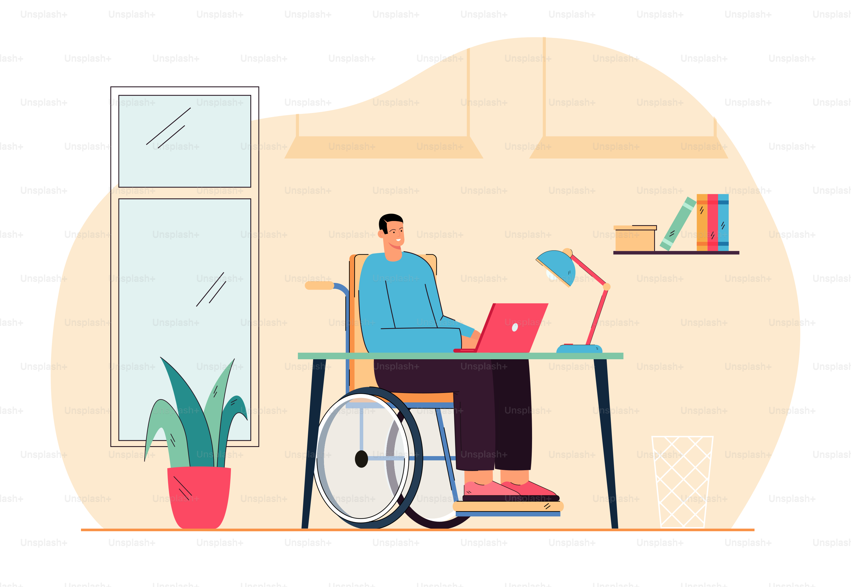 Cartoon man in wheelchair working at computer. Flat vector illustration. Disabled person working online at home, using modern technologies and Internet. Disability, accessibility, workplace concept