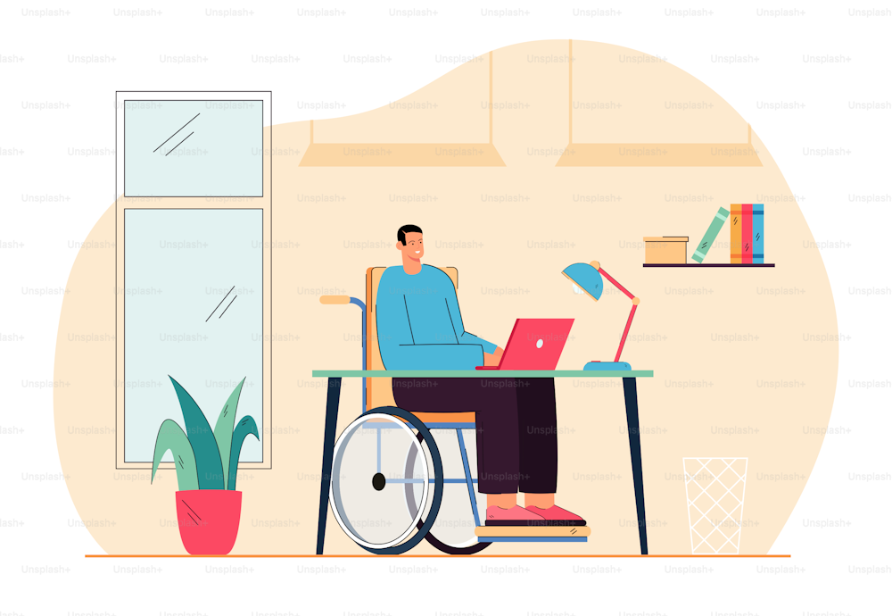 Cartoon man in wheelchair working at computer. Flat vector illustration. Disabled person working online at home, using modern technologies and Internet. Disability, accessibility, workplace concept