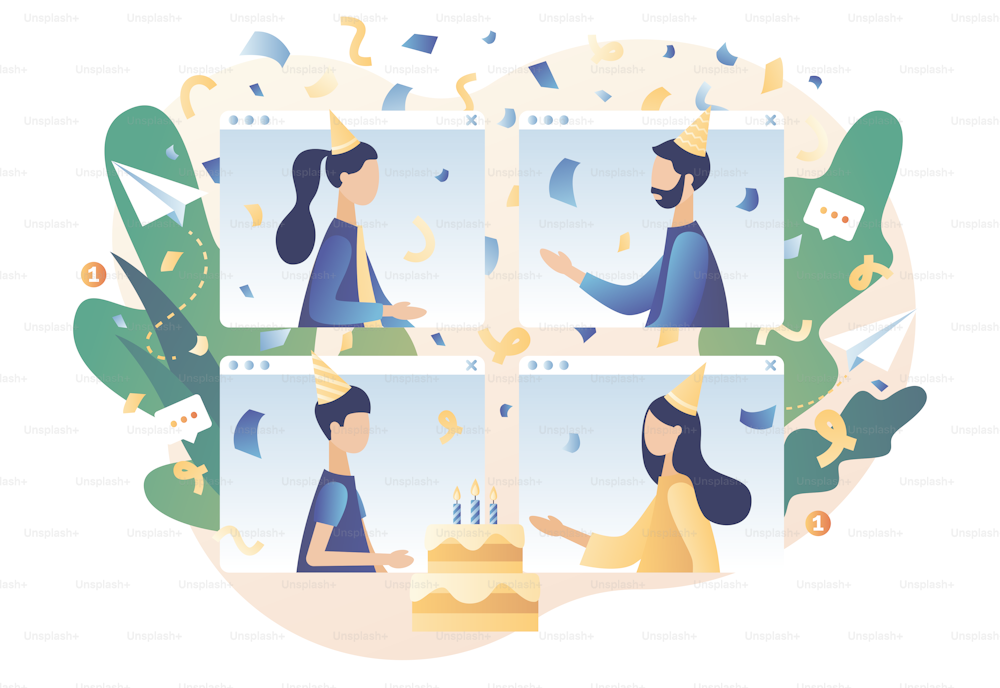 Tiny people in festive hats celebrating online birthday party. Online party. Quarantine birthday. Self-isolation party. Modern flat cartoon style. Vector illustration