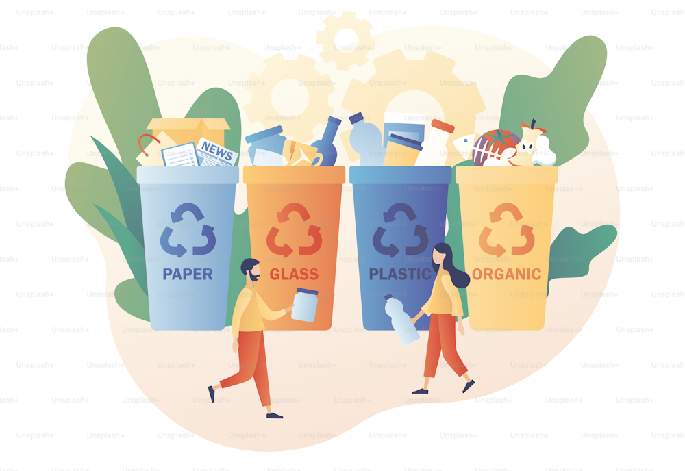 Tiny people sorting garbage waste, paper, glass, plastic, organic in containers for recycling and reuse. Recycling garbage. Zero waste concept. Modern flat cartoon style. Vector