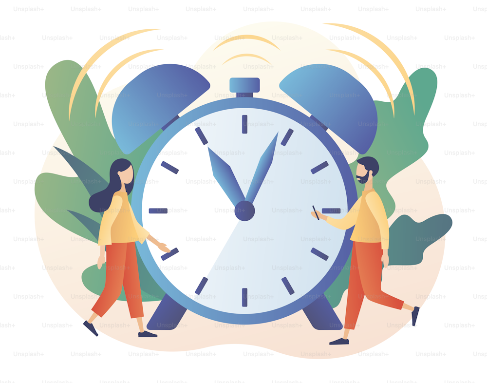 Alarm clock rings. Wake up. Tiny people wake up in morning. Good morning concept. Beginning of new day. Modern flat cartoon style. Vector illustration