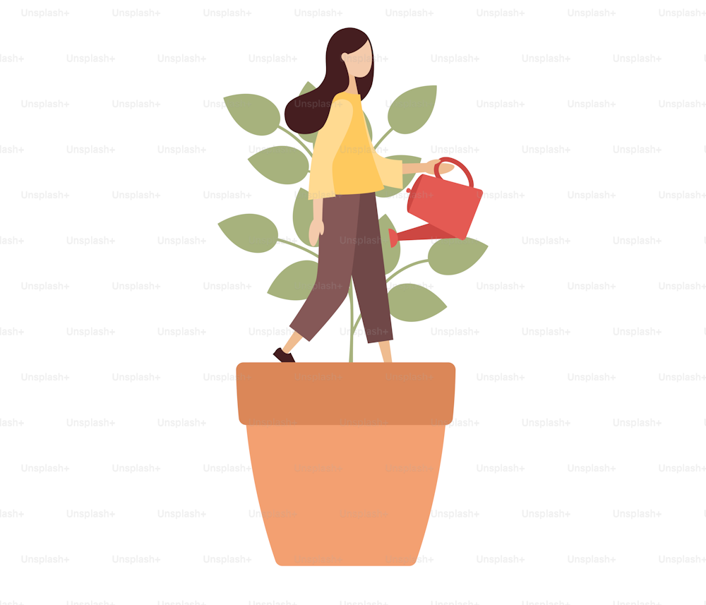 Personal growth icon. Woman in flowerpot watering herself. Self-improvement and self development. Metaphor growth personality as plant. Vector