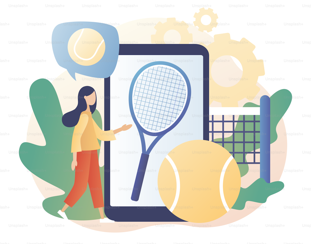 Tennis court, tennis rackets and balls. Group activity, training. Sport club in smartphone app. Championship and tournament. Modern flat cartoon style. Vector illustration