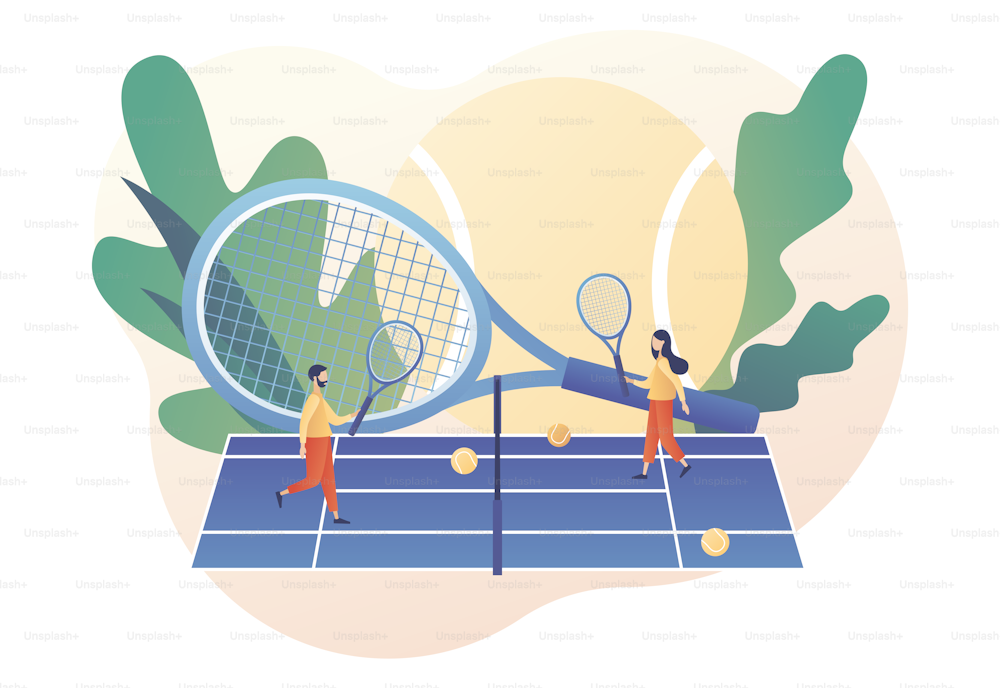 Tiny people with tennis rackets and balls play on tennis court. Championship and tournament. Sport club, group activity, training. Modern flat cartoon style. Vector illustration