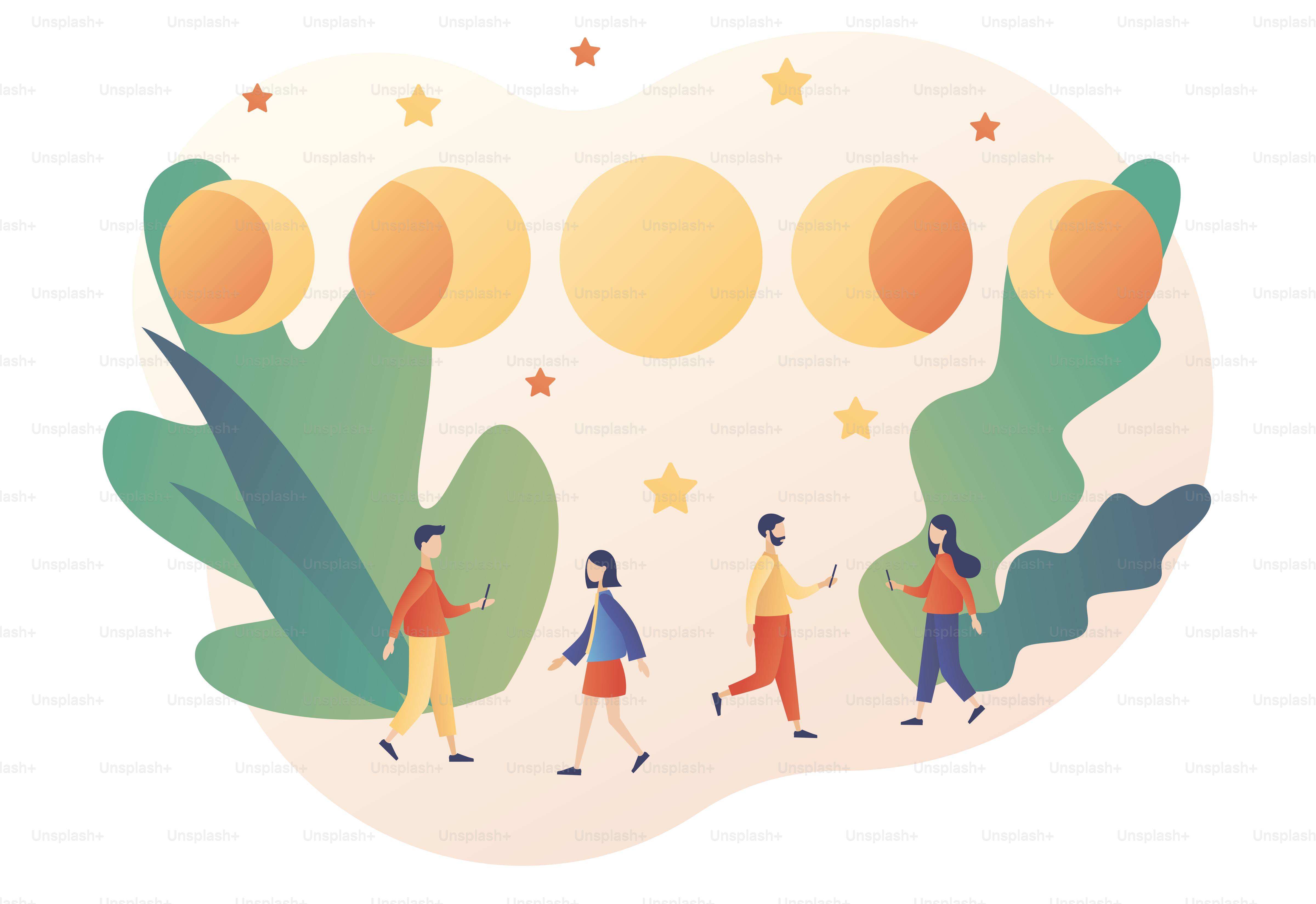 Moon phases. Magic lunar witchcraft card. Astrology concept. Night space astronomy. Modern flat cartoon style. Vector illustration