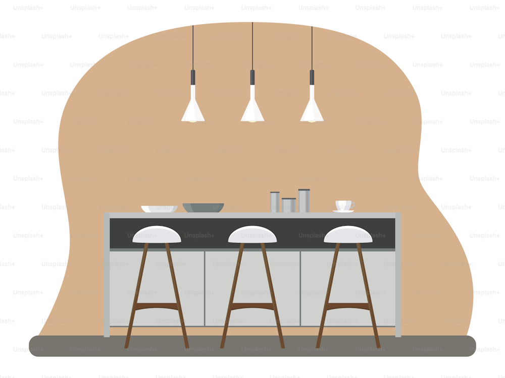 Interior of the kitchen with furniture. Flat cartoon style. Vector illustration