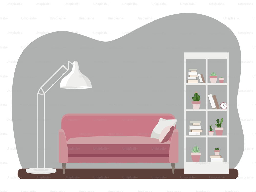 Innenraum des Wohnzimmers mit Möbeln. Flacher Cartoon-Stil. Vektorgrafik