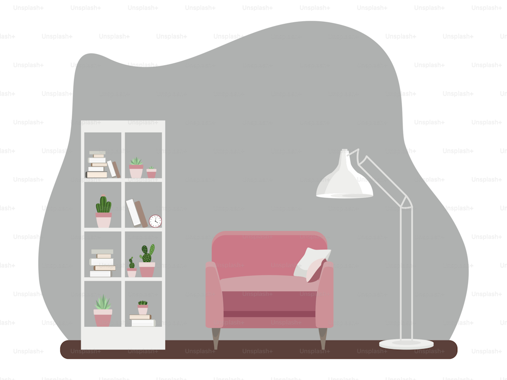 Innenraum des Wohnzimmers mit Möbeln. Flacher Cartoon-Stil. Vektorgrafik