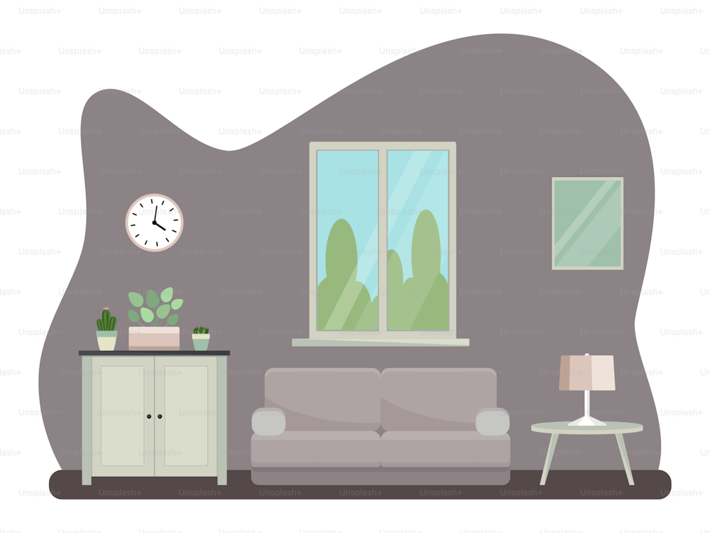 Interno del soggiorno con mobili. Stile cartone animato piatto. Illustrazione vettoriale