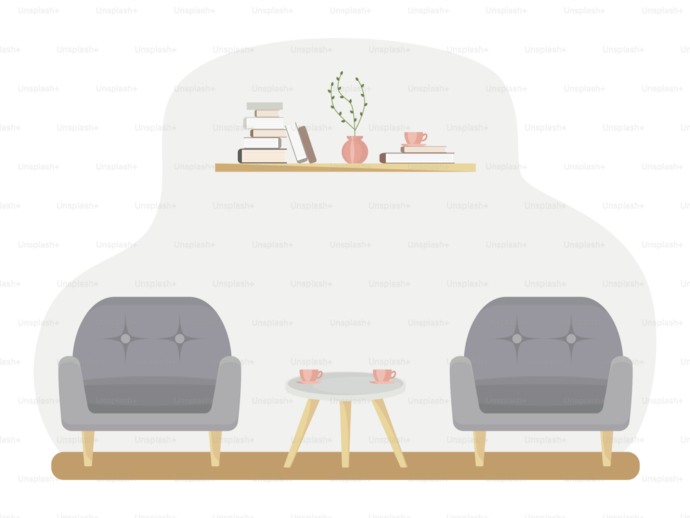 Intérieur du salon avec meubles. Style dessin animé plat. Illustration vectorielle