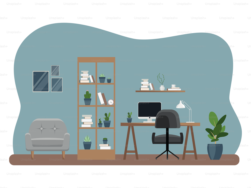 家具付きのオフィス職場の内部。平らな漫画のスタイル。ベクターイラスト