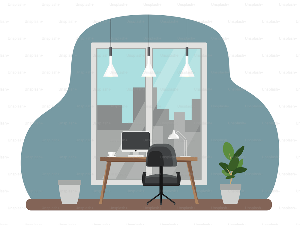 Interior of the office workplace with furniture. Flat cartoon style. Vector illustration