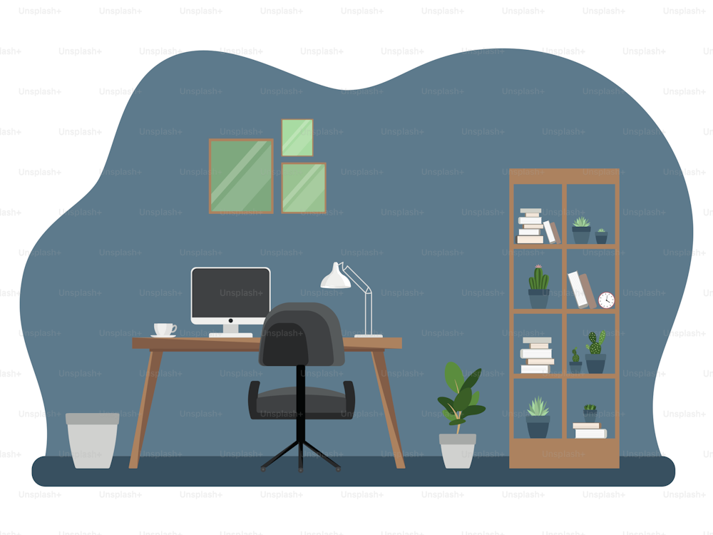 Interior of the office workplace with furniture. Flat cartoon style. Vector illustration