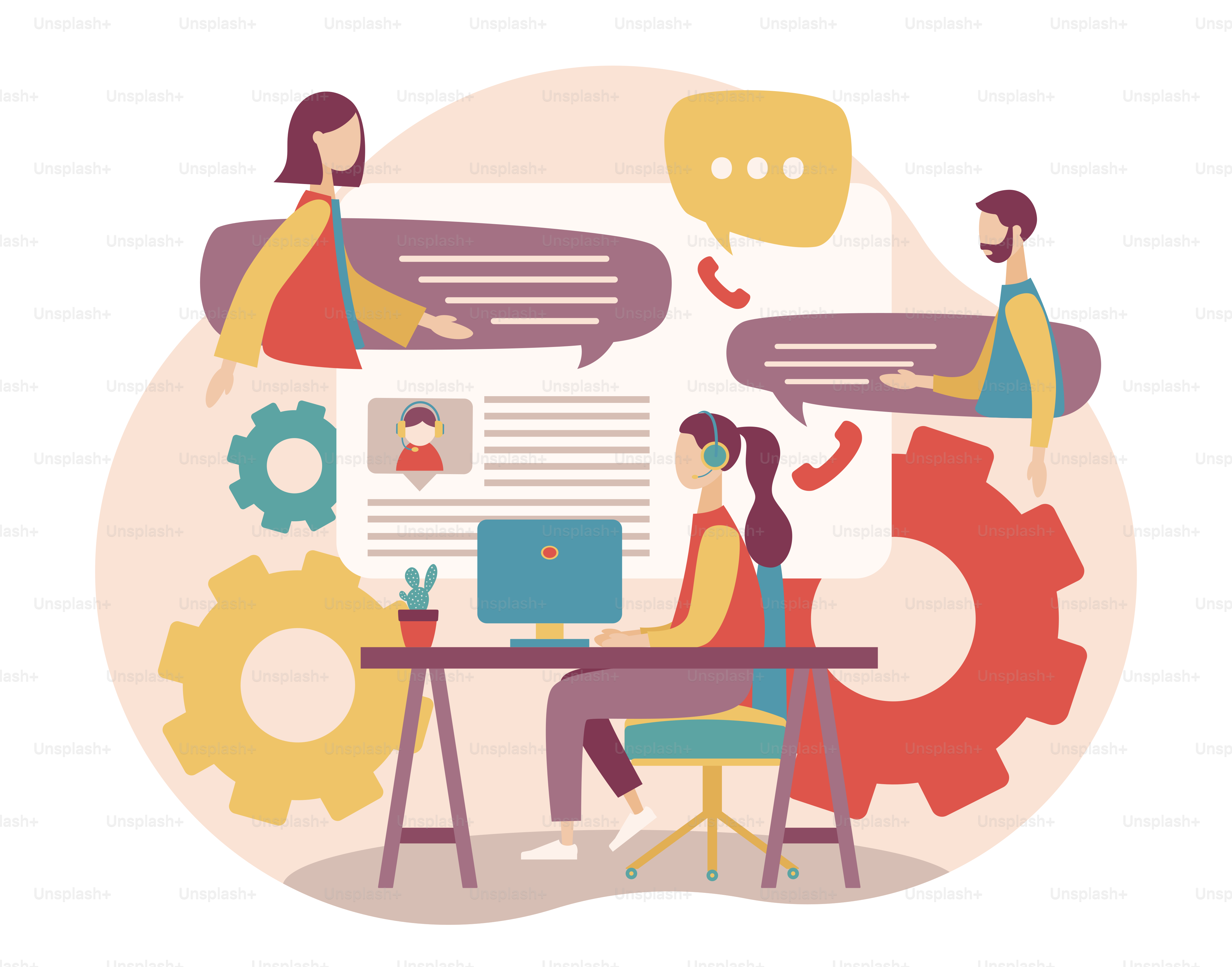 Centre d’appels. Style dessin animé plat. Illustration vectorielle